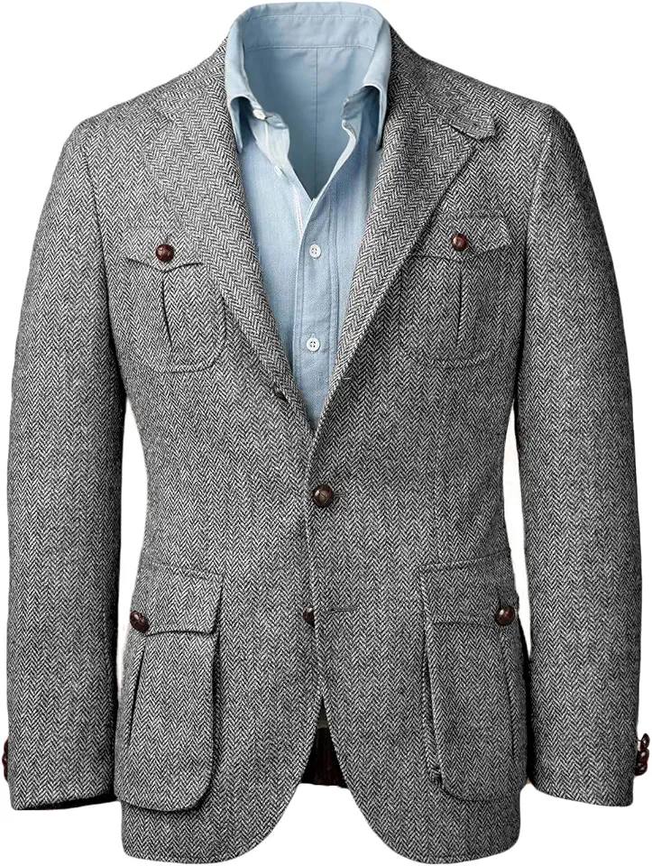 Men's Tweed Blazer Herringbone Wool Blend Vintage Norfolk Jacket
