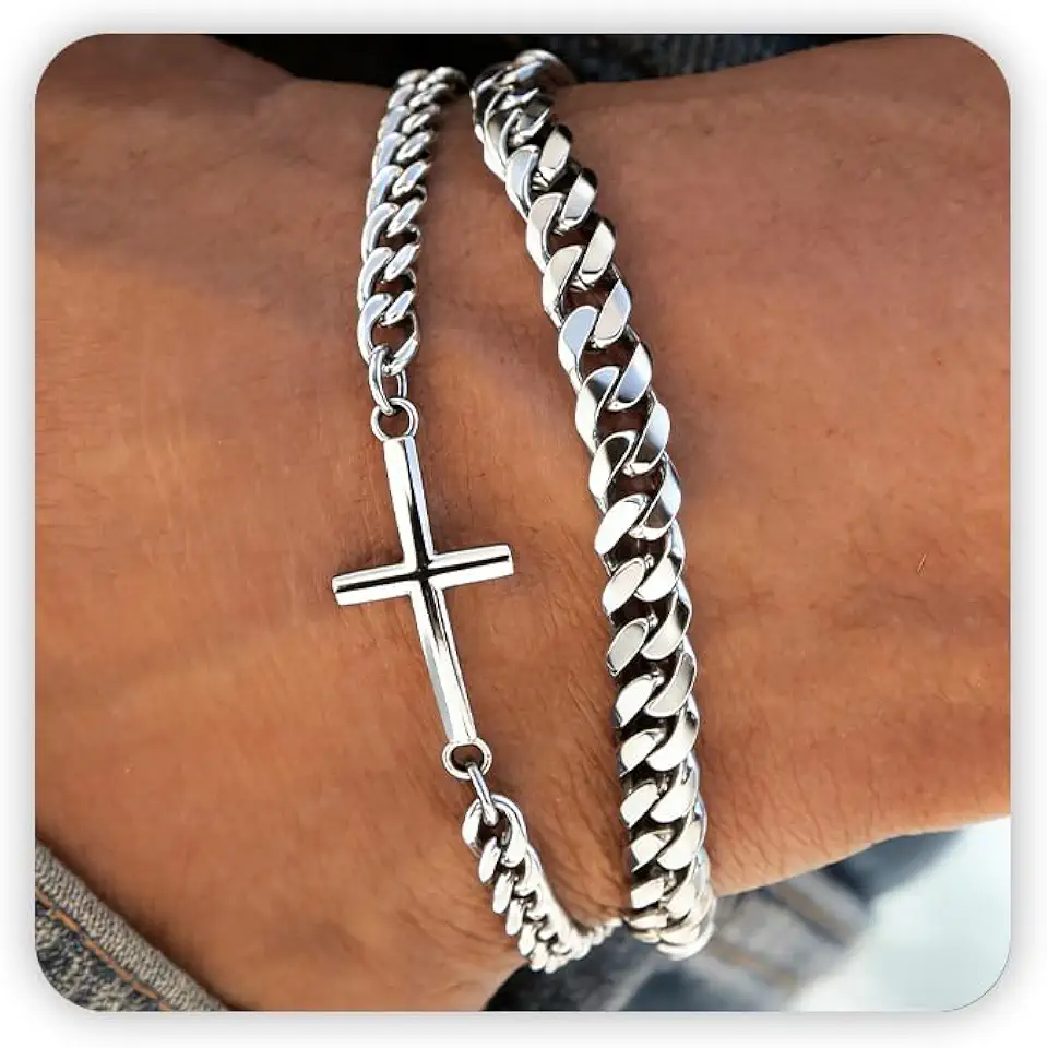 Cross Bracelet for Men, Silver/Gold/Black Mens Cross Bracelets Stack Stainless Steel Cuban Link Chain Bracelet Set Non Tarnish Adjustable Chunky Mens Jewelry Gifts for Men Dad Him Father's Day