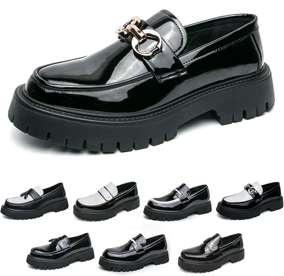 Men's Fashion Black and White Two Tone Chunky Platform Penny Loafers Classic Slip-On Lug Sole Business Work Dress Shoes Daily Non-Slip Shock Absorbing Casual Shoes Large Size 5.5-14