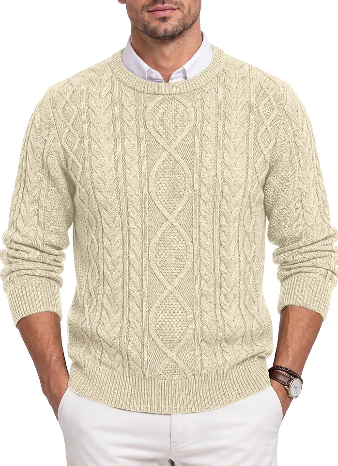 RQP Mens Crewneck Sweater Cable Knit Sweater Classic Fisherman Pullover Sweater