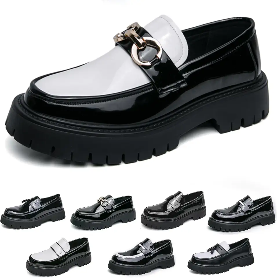 Men's Fashion Black and White Two Tone Chunky Platform Penny Loafers Classic Slip-On Lug Sole Business Work Dress Shoes Daily Non-Slip Shock Absorbing Casual Shoes Large Size 5.5-14