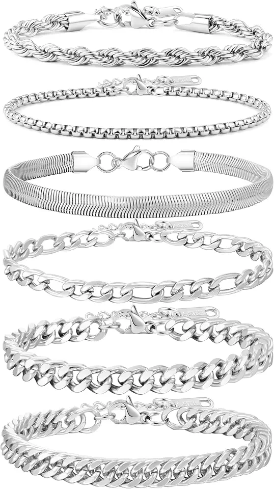 Men's Stainless Steel Silver Bracelets,6Pcs Adjustable Trendy Cuban Link Chain Bracelet Set Men Jewelry Gifts(Silver/Gold/Black,7+1.2 inch)