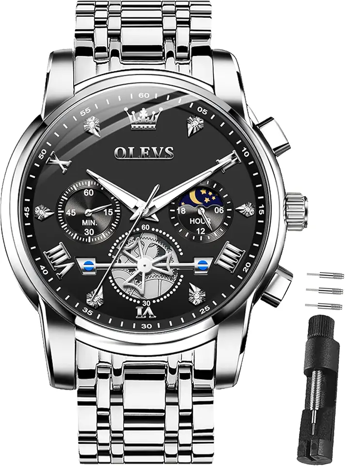 OLEVS Watches for Men Dress Watch Chronograph Luxury Stainless Steel Big Face Men Watches Multi-Function Easy to Read Diamond Roman Numerals Business Wristwatch Reloj para Hombre