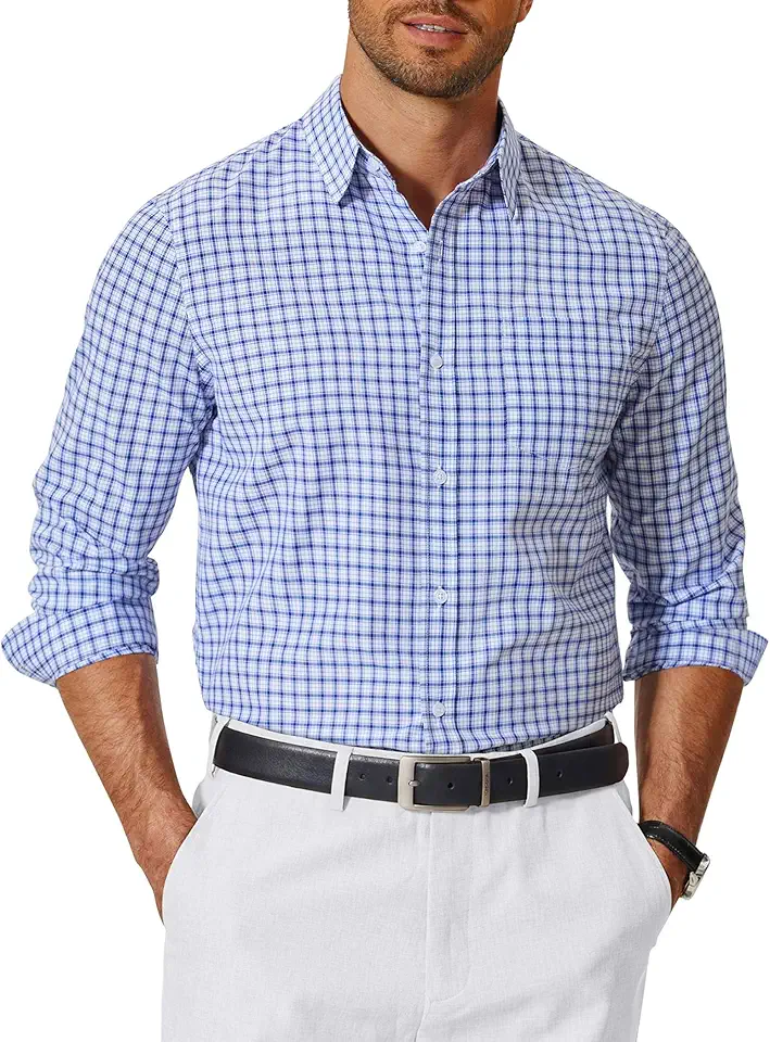 COOFANDY Mens Long Sleeve Button Down Shirts Wrinkle Free Dress Shirts Slim Fit Cotton Plaid Shirt