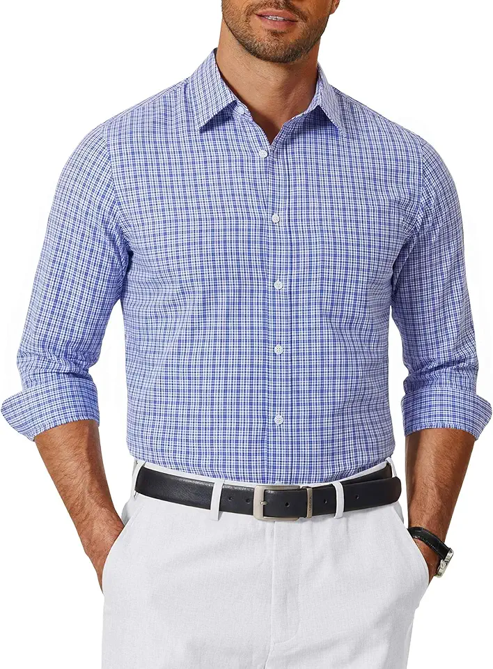 COOFANDY Mens Long Sleeve Button Down Shirts Wrinkle Free Dress Shirts Slim Fit Cotton Plaid Shirt