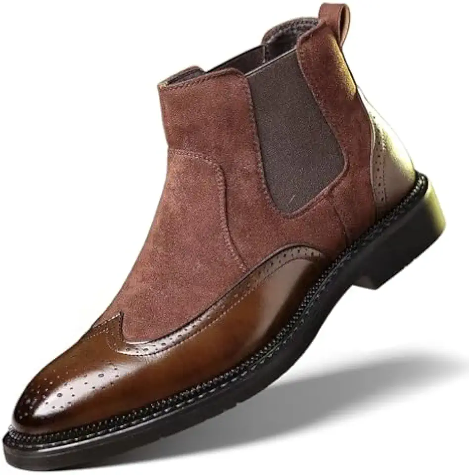 Men'S Brogue Wingtip Chelsea Ankle Boots Retro Pointed Low Chunky Heel Slip-On Business Work Dress Boots Fashion Leather Casual Ankle Boots