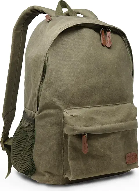 Exos Gear Waxed Canvas Backpack – 20L Bag with Laptop Sleeve & Leather Pulls – Water-Resistant for Work or Travel (Antique Olive - 12oz Waxed Canvas)