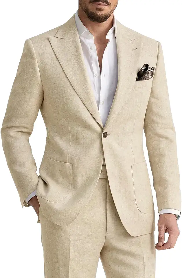 Men's 2 Piece Linen Suits Casual Lightweight Formal Business Wedding Tuxedo