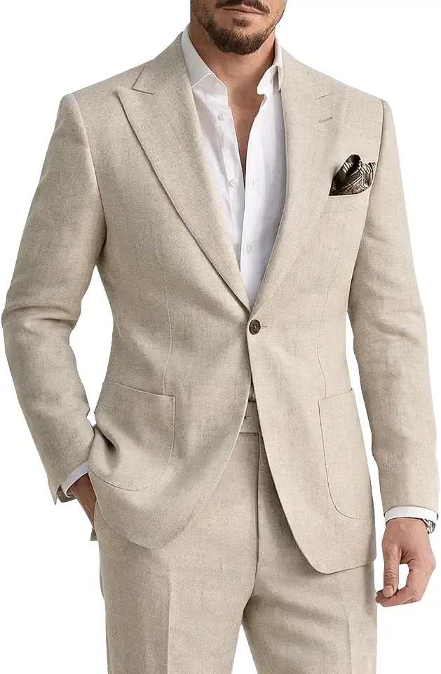 Men's 2 Piece Linen Suits Casual Lightweight Formal Business Wedding Tuxedo