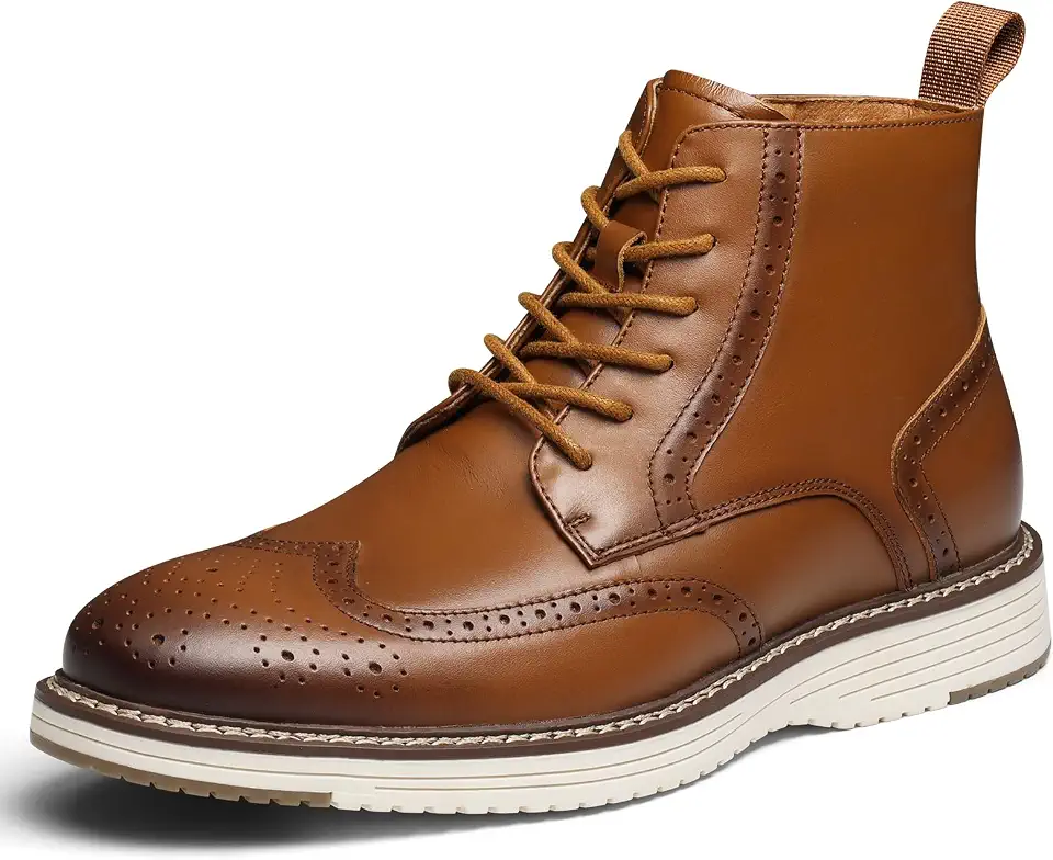 Mens Dress Boots, Genuine Leather Brogue Wingtip Mens Casual Oxford Boots with Side Zipper, Comfortable Formal Lace Up Chukka Ankle Boot for Men