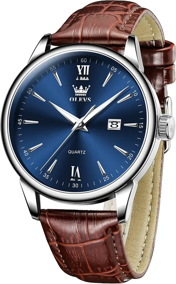 OLEVS Men Leather Watches Classic Quartz Large Dial Easy Read Waterproof
