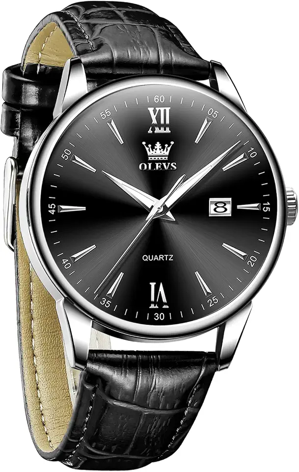 OLEVS Men Leather Watches Classic Quartz Large Dial Easy Read Waterproof