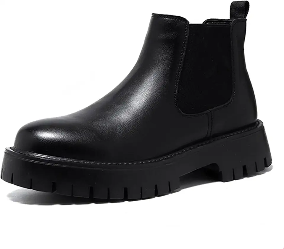 Men's Genuine Leather Chunky Platform Chelsea Dress Boots Luxury Round Toe lug sole Slip-On Outdoor Non Slip Shock Work Ankle Boots