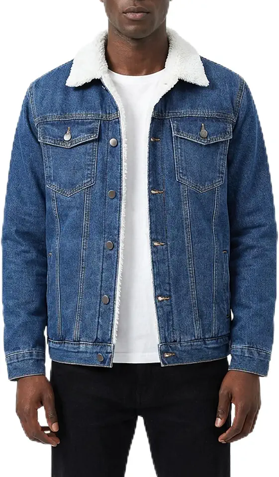 Men's Sherpa Fleece Lined Thicken Denim Jacket, Men Lapel Winter Warm Jean Jacket, Slim Fit Trucker Cowboy Denim Coat