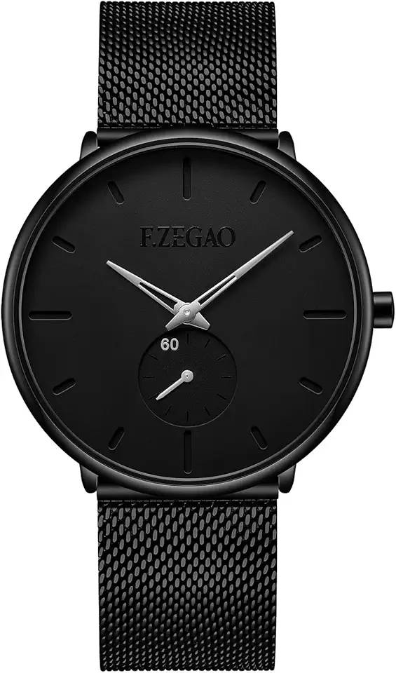Ultra-Thin Waterproof Mens Watches Minimalist, Black Analog Dress Watch with Stainless Steel Mesh Band