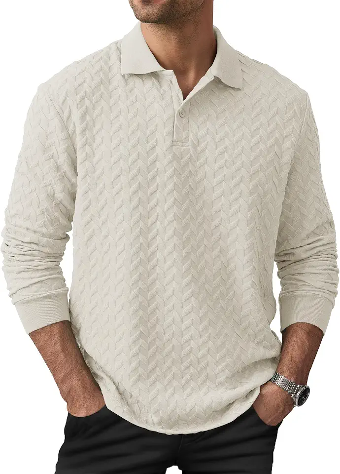 VOGSTART Mens Textured Knit Long Sleeve Polo Shirt Collared Pullover(S-2XL)