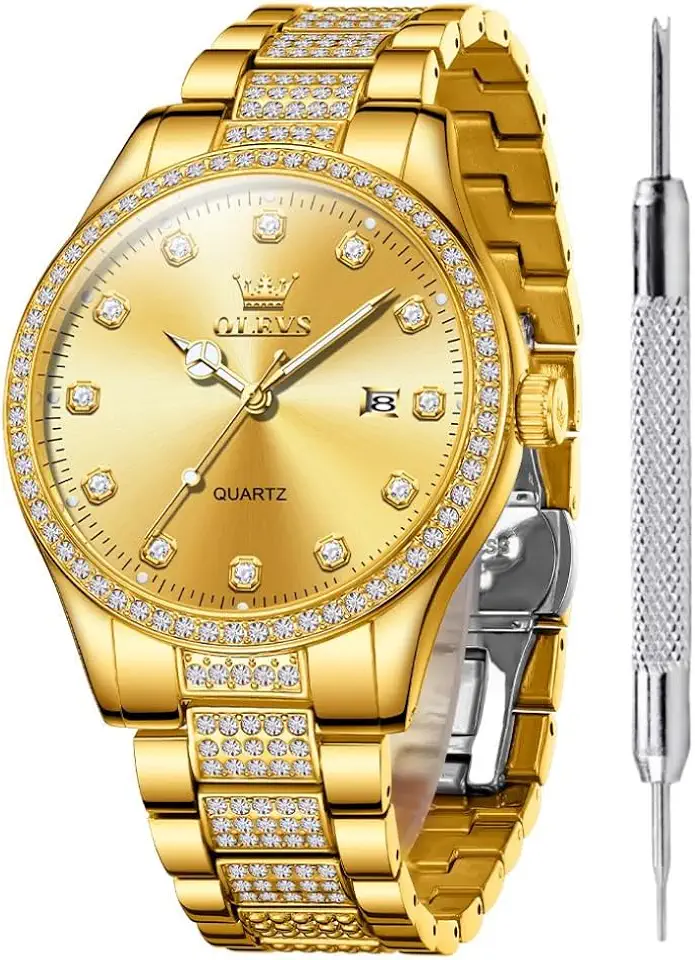 OLEVS Luxury CZ Rhinestone Watches for Men Waterproof Mens Fine Business Casual Watch Calendar Week Analog Quartz Watch