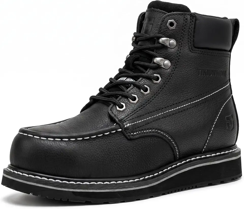 Moc Toe Work Boots for Men Water Resistant – Soft Toe & Steel Toe Available, Comfortable Full Grain Leather Non-Slip Wedge Outsole Construction Workboots