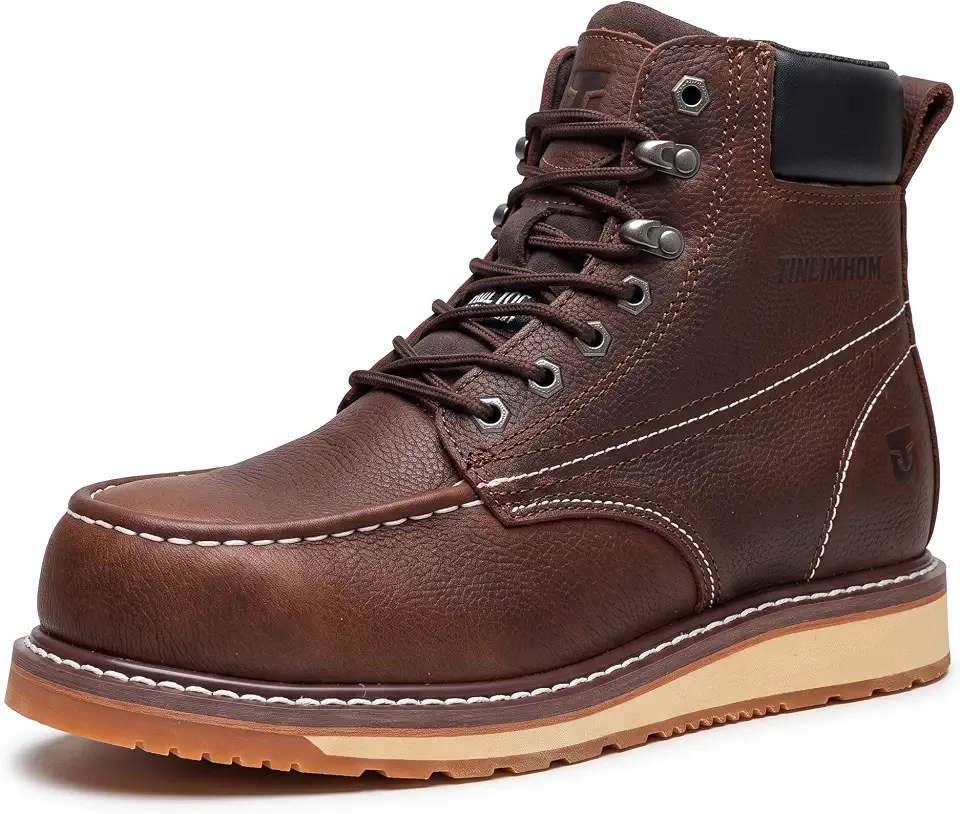 Moc Toe Work Boots for Men Water Resistant – Soft Toe & Steel Toe Available, Comfortable Full Grain Leather Non-Slip Wedge Outsole Construction Workboots