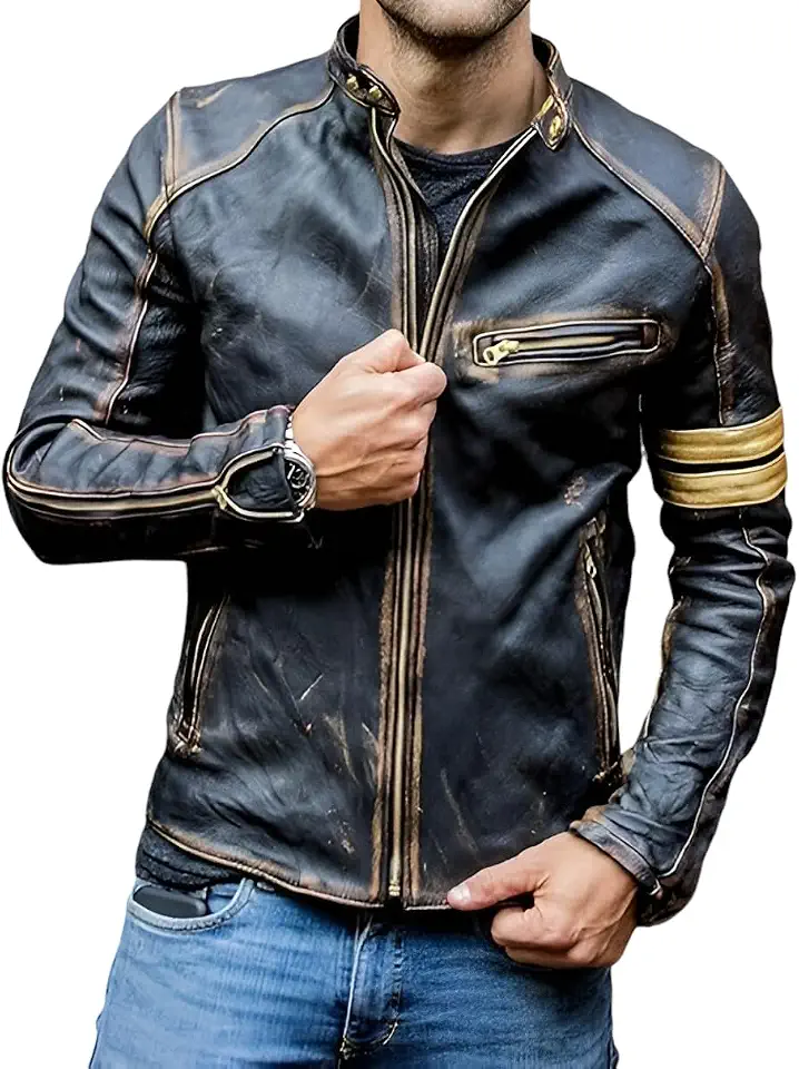 Biker Style Leather Jacket Men-Distressed Vintage Style Cafe Racer Jacket