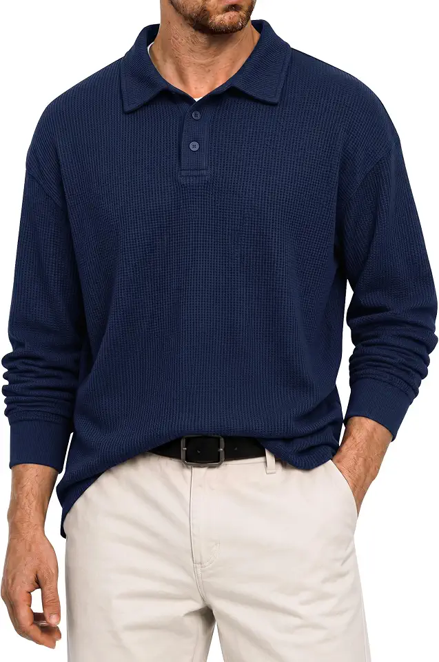 VOGSTART 男款華夫格針織長袖 Polo 衫有領套頭衫(S-2XL)