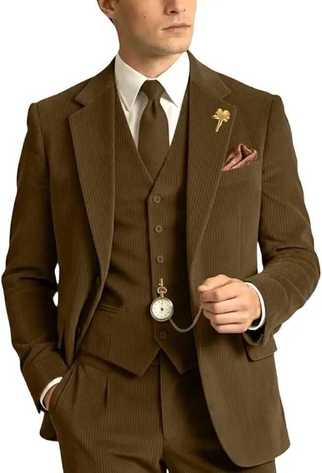 Retro Corduroy Mens Suit 3 Piece Set Slim Fit Men Blazer Vest Pants Sets
