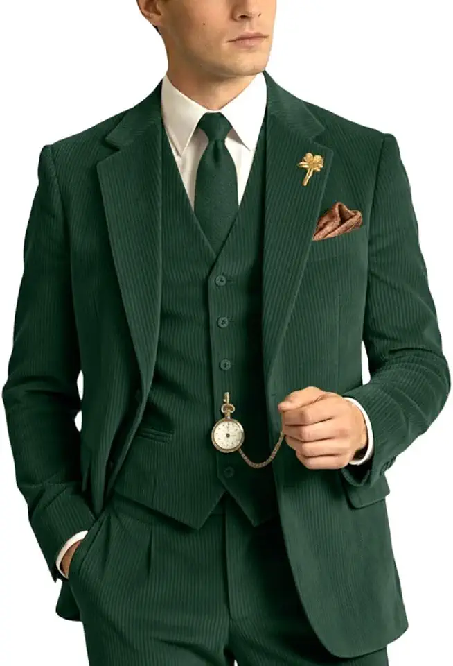Retro Corduroy Mens Suit 3 Piece Set Slim Fit Men Blazer Vest Pants Sets