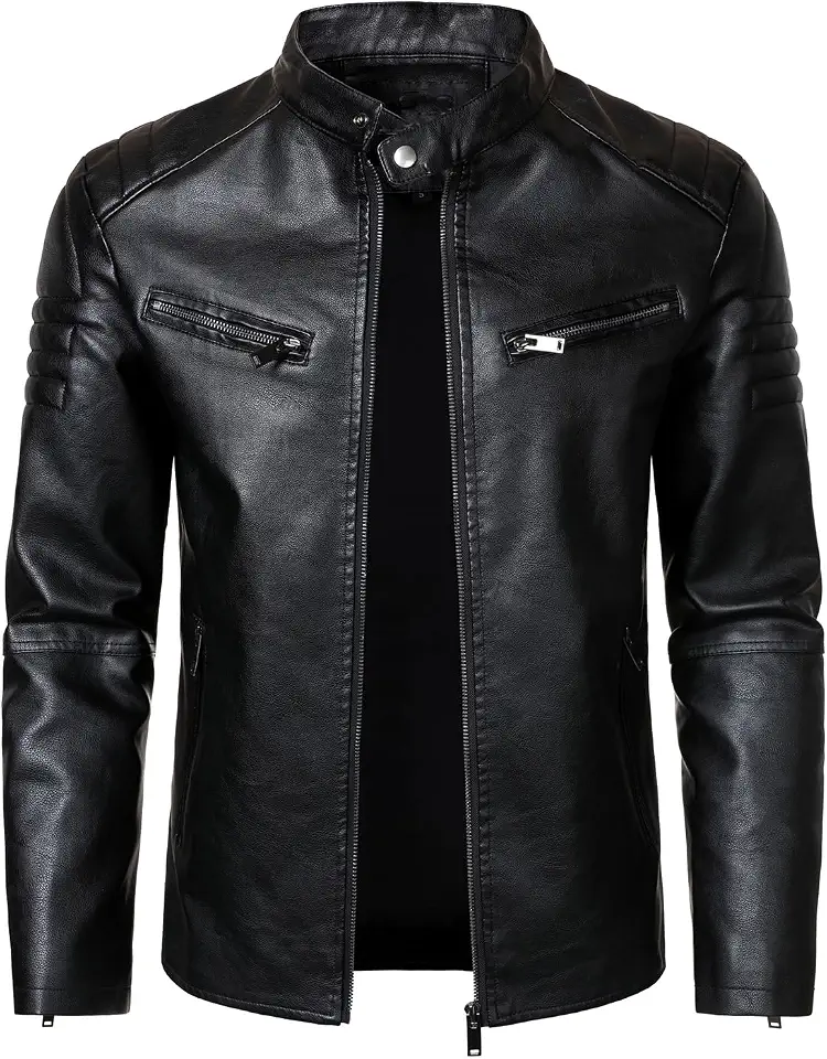 HOOD CREW Men’s Faux Leather Motorcycle Jackets Stand-up Collar Leather Jacket Vintage Coats Outwear