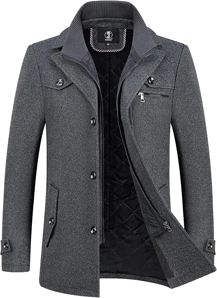 KUDORO Men's Wool Blend Trench Coat Slim Fit Overcoat with Detachable Stand Collar Single Breasted Classic Dress Coat
