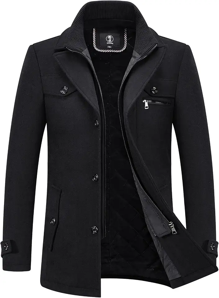 KUDORO Men's Wool Blend Trench Coat Slim Fit Overcoat with Detachable Stand Collar Single Breasted Classic Dress Coat