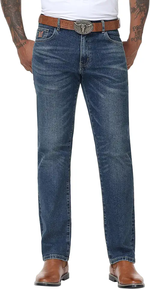 MZNBURAM Men's Stretch Relaxed Fit Straight-Leg Jeans - Cowboy Cotton Fashion Comfort Flex Waist Denim Pants