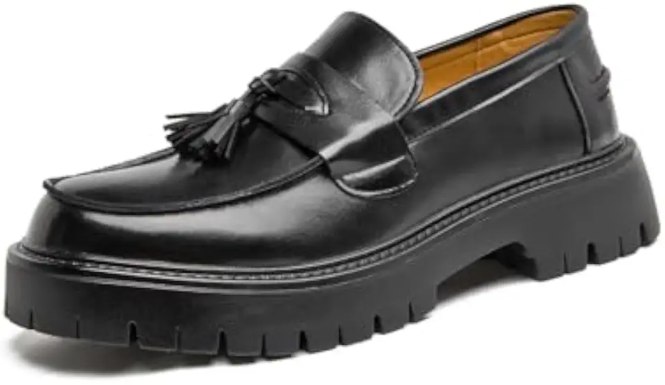 Men's Black Patent Leather Platform Loafers Slip-On Dress Shoes with Tassel, Non-Slip Lug Sole Round Toe Penny Formal Shoes for Business Work & Daily