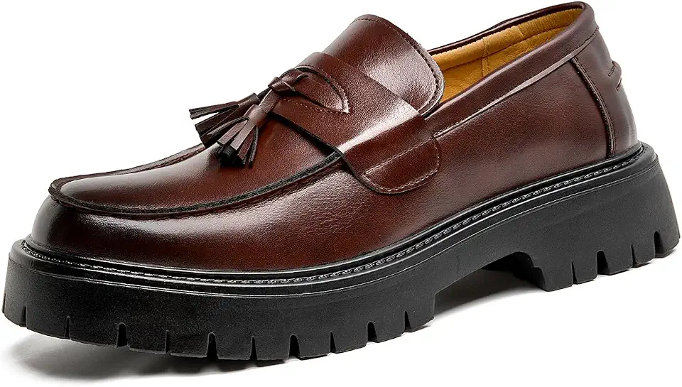 Men's Black Patent Leather Platform Loafers Slip-On Dress Shoes with Tassel, Non-Slip Lug Sole Round Toe Penny Formal Shoes for Business Work & Daily