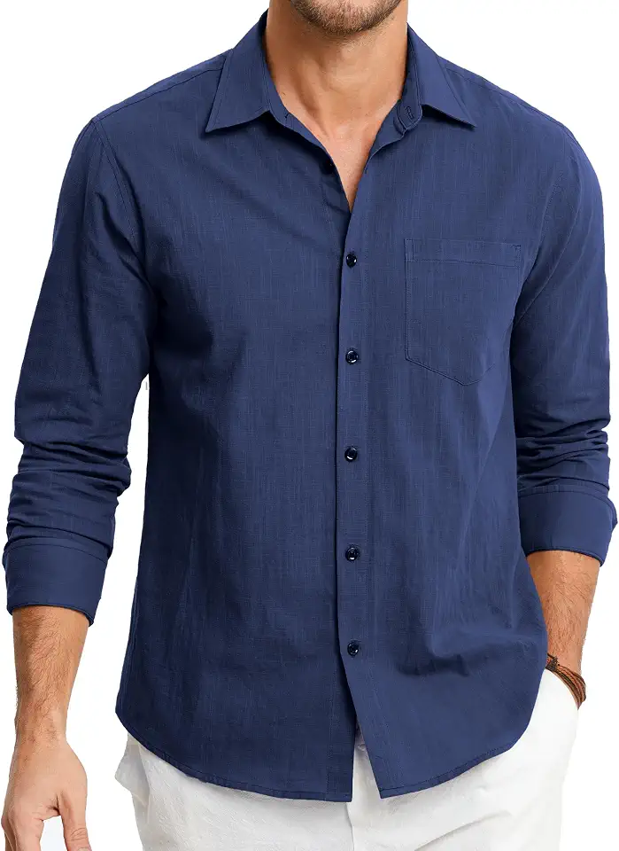 HISDERN Mens Linen Shirt Long Sleeve Button Down Casual Beach Shirts for Men Cotton Linen Breathable Summer Vacation Pocket