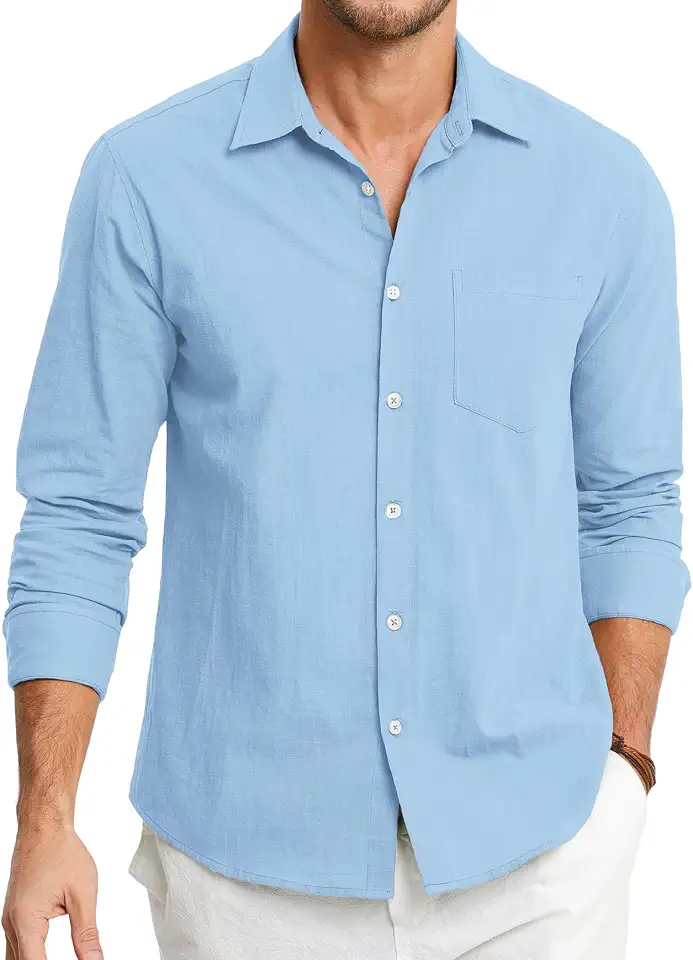 HISDERN Mens Linen Shirt Long Sleeve Button Down Casual Beach Shirts for Men Cotton Linen Breathable Summer Vacation Pocket