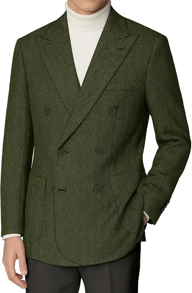 Global Recycled Standard Retro Tweed Blazer Men Herringbone Double Breasted Jacket Wool Blend Coat