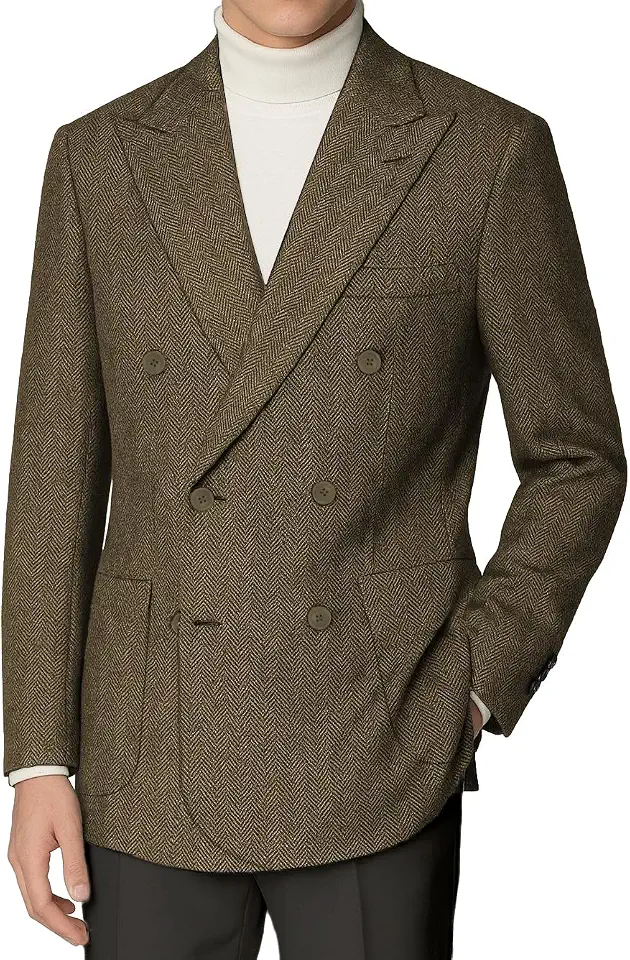 Global Recycled Standard Retro Tweed Blazer Men Herringbone Double Breasted Jacket Wool Blend Coat
