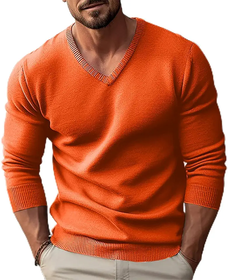 Men's New Fall Winter Slim Fit Lightweight V Neck Knit Sweater Long Sleeve Pullover Base Layer Shirt
