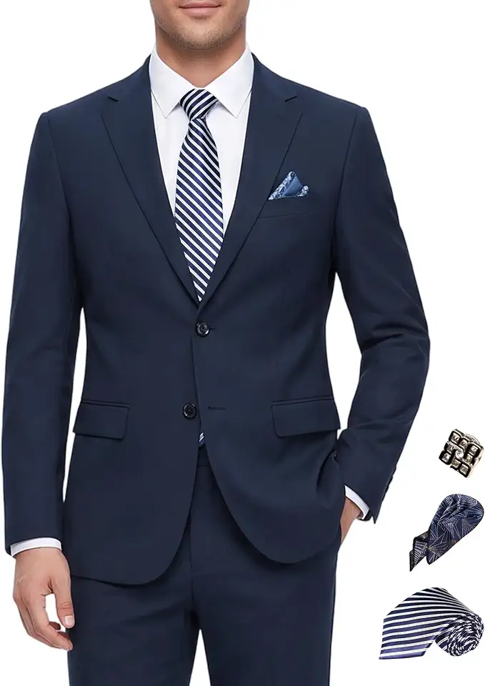 Men’s Slim Fit 2 Piece Suit Set, Stretch & Machine Washable, Single Breasted Business Formal Suit for Office & Wedding Guest