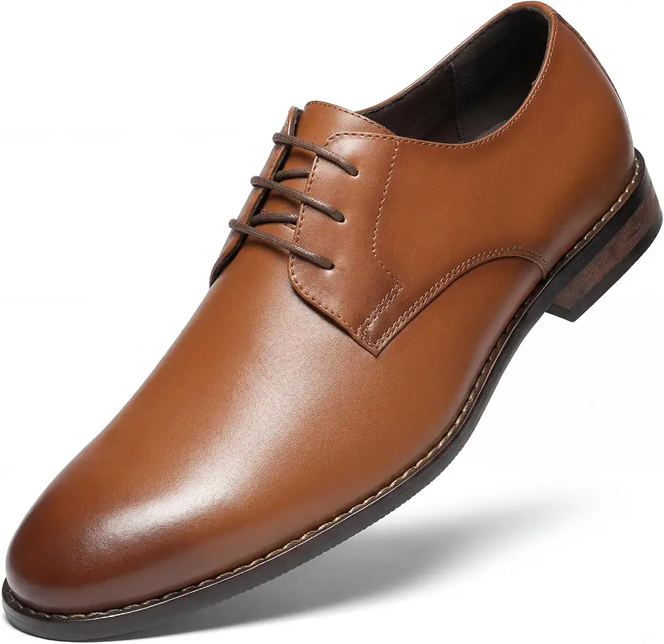 HEEZ Men's Dress Shoes Genuine Leather, Wingtip Oxford for Men Non Slip, Lace up Plain Toe Derby Dress Shoes for Formal, Business, Wedding, Office
