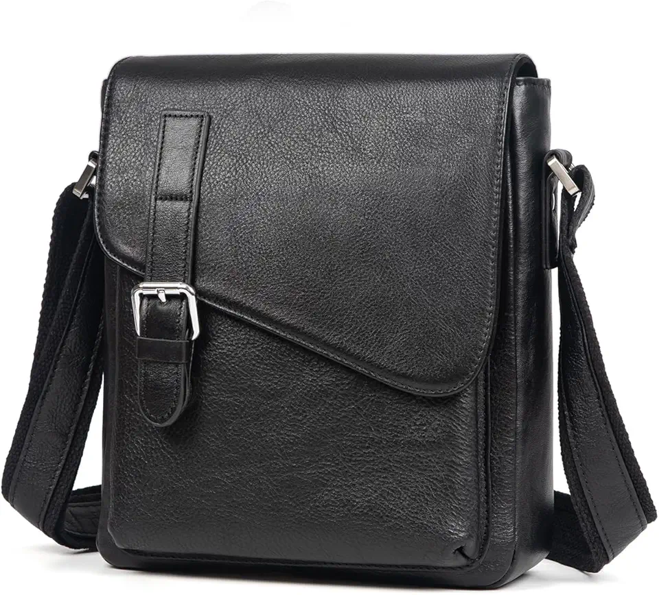 Men's Black Leather Crossbody Messenger Bag