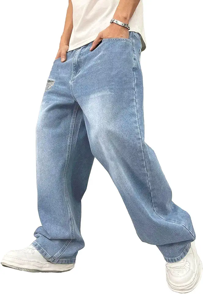 ALLABREVE Men's Baggy Hip Hop Jeans Y2k Wide Leg Denim Pants Relaxed Fit Skater Trousers Streetwear