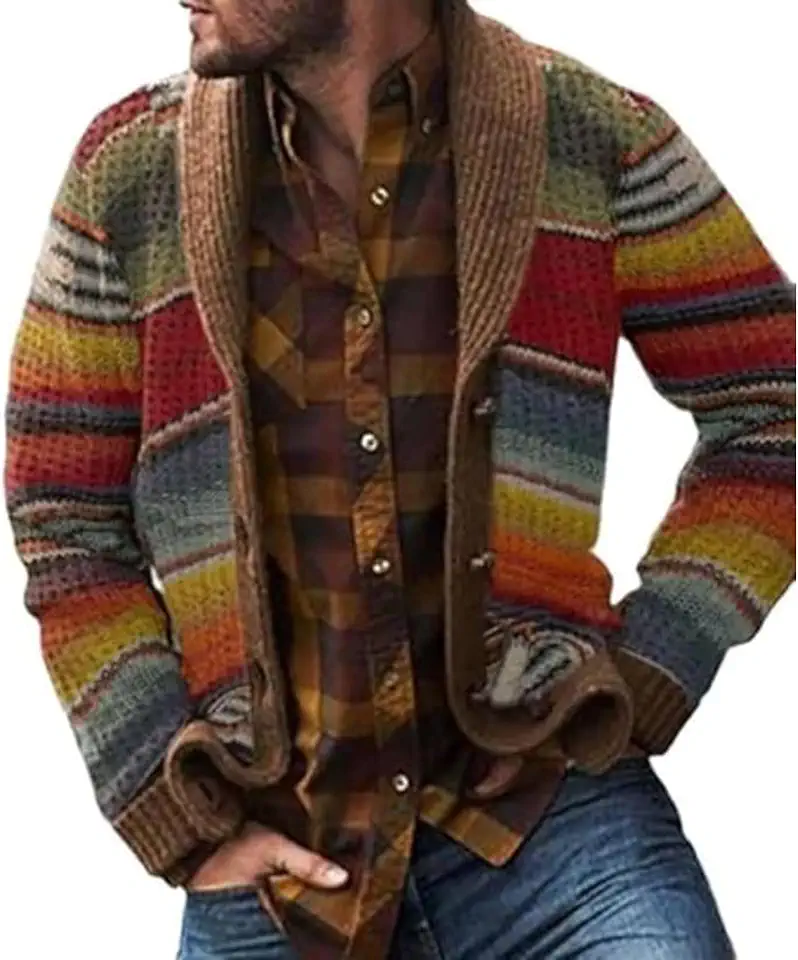 Mens Cable Knit Cardigan Outerwear Shawl Collar Knited Topcoat with Pockets Vintage Slim Fit Sweater