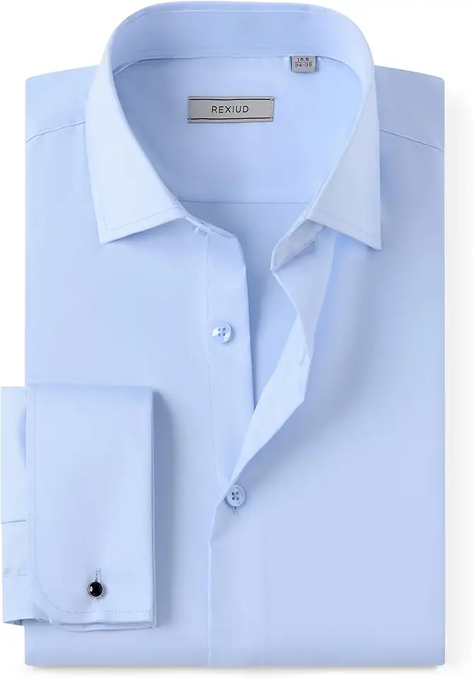 Men's French Cuffs Dress Shirt Stretch Windsor Collar with Removable Collar Stays Long Sleeve Solid
