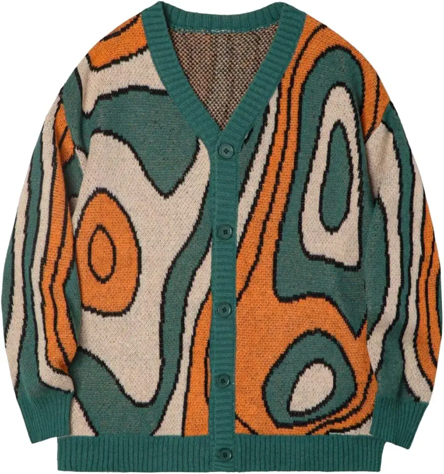 BEAUDRM Men's Y2K Graphic Cardigan Sweaters Aesthetic Cardigan Open Front Sweaters Fall Button Up V Neck Knit Outerwear