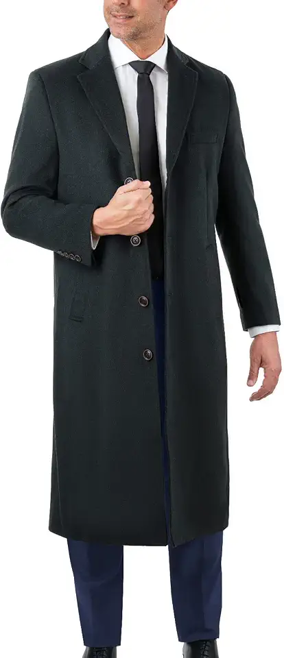 THE SUIT DEPOT Mens Single Breasted Wool Cashmere Full Length Overcoat