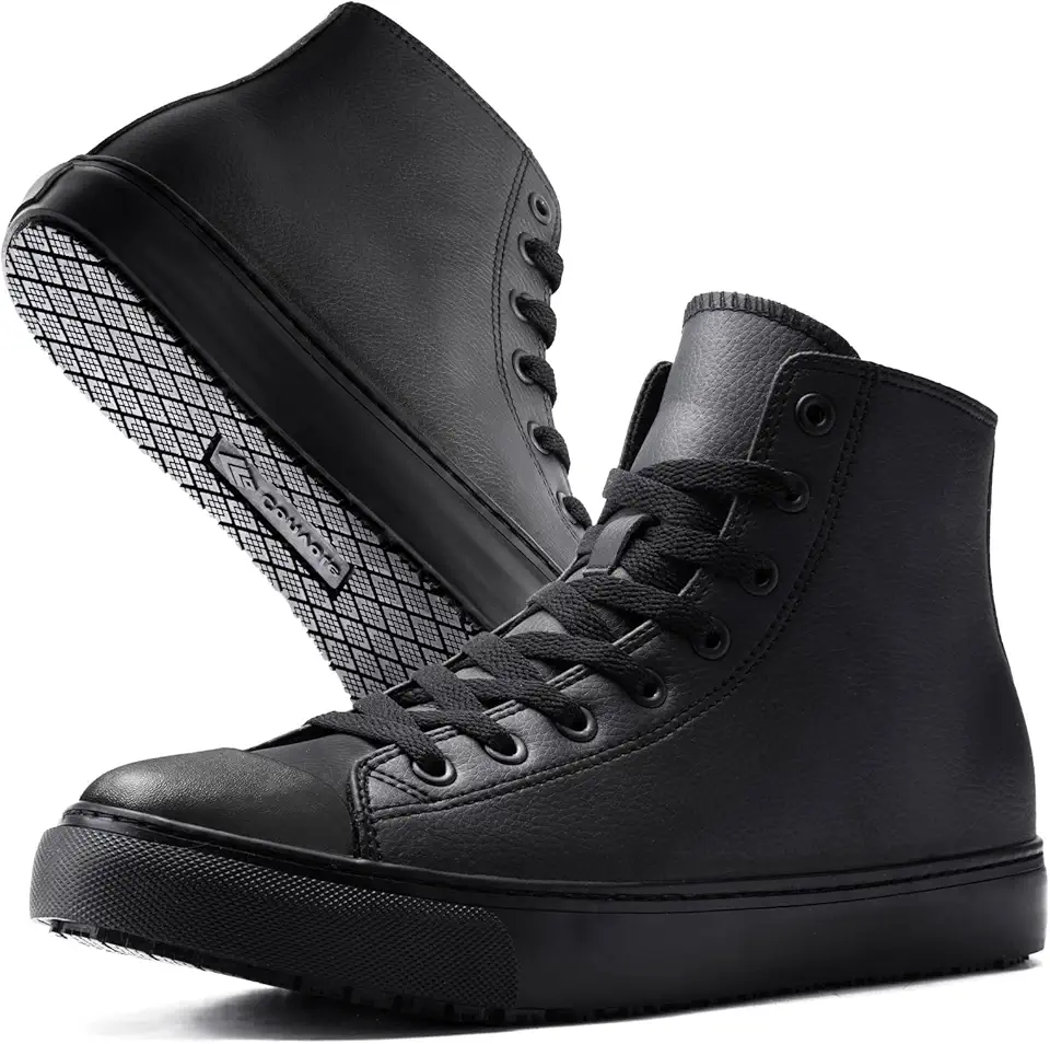 Men's Non-Slip Work Shoes, Waterproof Leather Slip Resistant (Oil & Water) Sneakers for Food Service, Black High Top Restaurant Server Boots, Comfortable Casual Stain Resistant Chef Kitchen Shoes