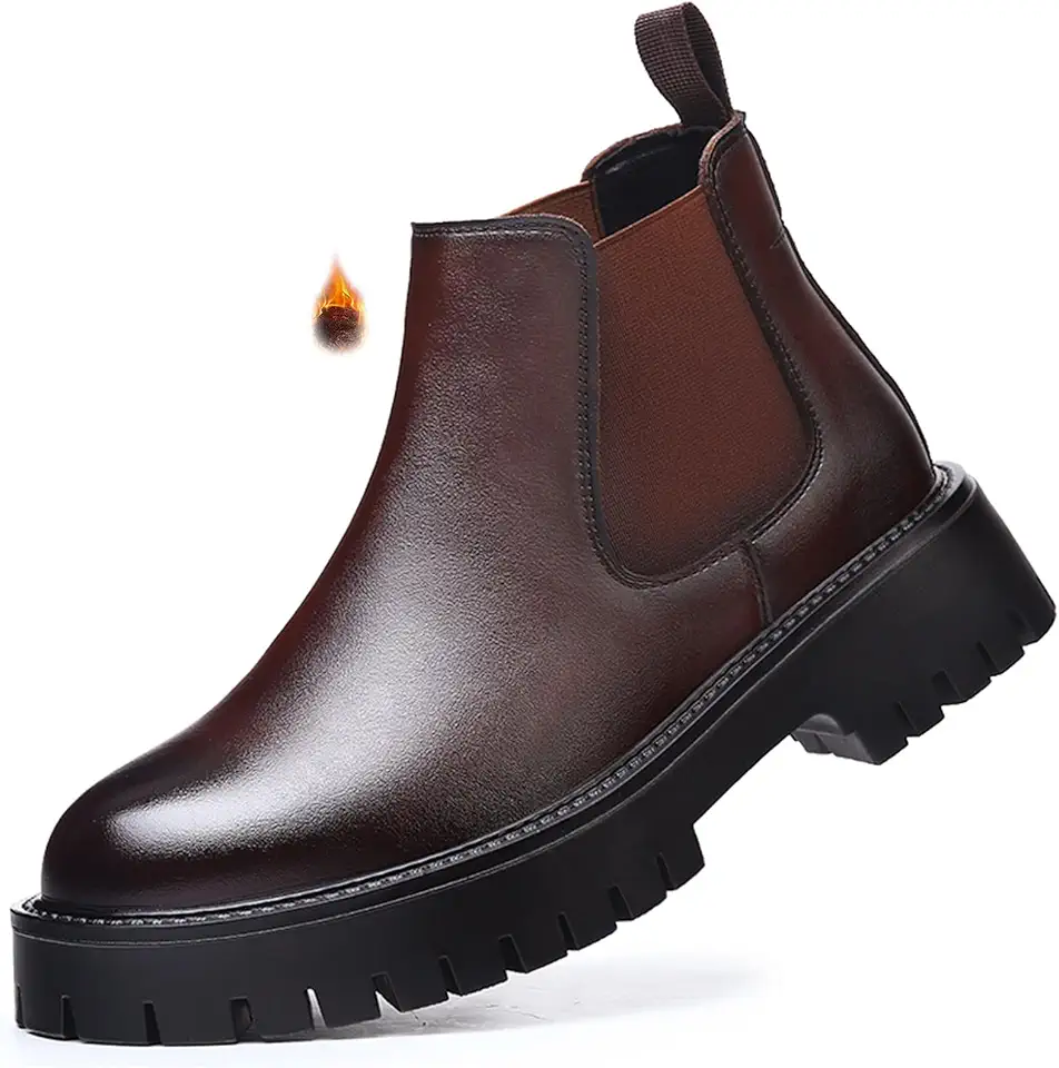 Men's Genuine Leather Slip On Chunky Platform Chelsea Boots Luxury Round Toe lug sole Work Dress boots Casual Non Slip Ankle Boots
