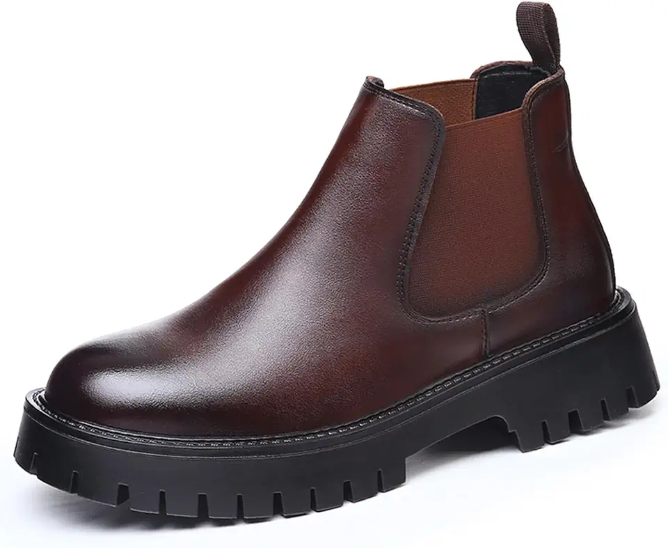 Men's Genuine Leather Chunky Platform Chelsea Dress Boots Luxury Round Toe lug sole Slip-On Outdoor Non Slip Shock Work Ankle Boots