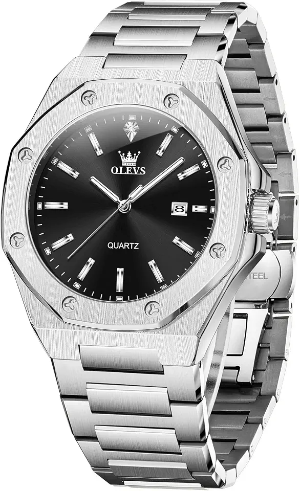 OLEVS Octagonal Watches for Men, Classic Stainless Steel Large Face Mens Dress Watches, Casual Waterproof Quartz Watches for Men, White/Black/Blue/Gold Dial